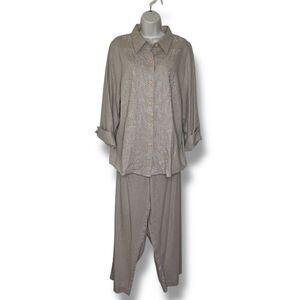 Vicki Waynes Linen Blend Tan Embroidered Button Top Pull On Pant Set Women 20